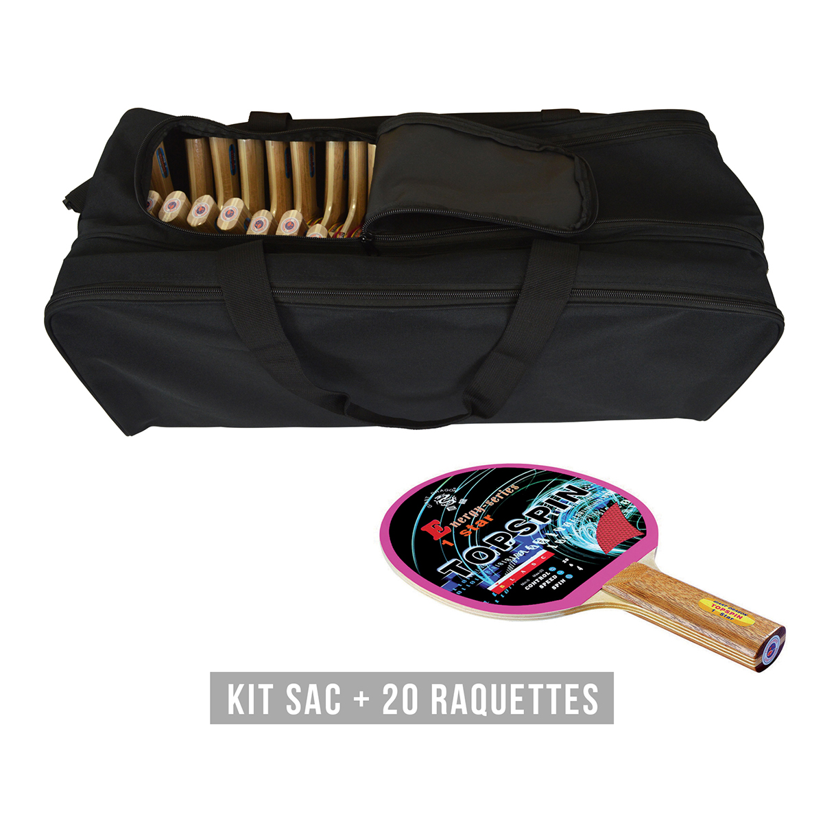 Kit raquette tennis de table TOPSPIN (1 sac + 20 raquettes)
