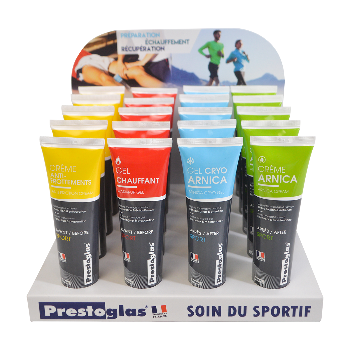 Lot de 20 gels et crème de massage + présentoir offert