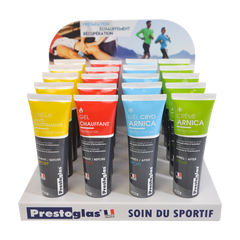 Lot de 20 gels et crème de massage + présentoir offert